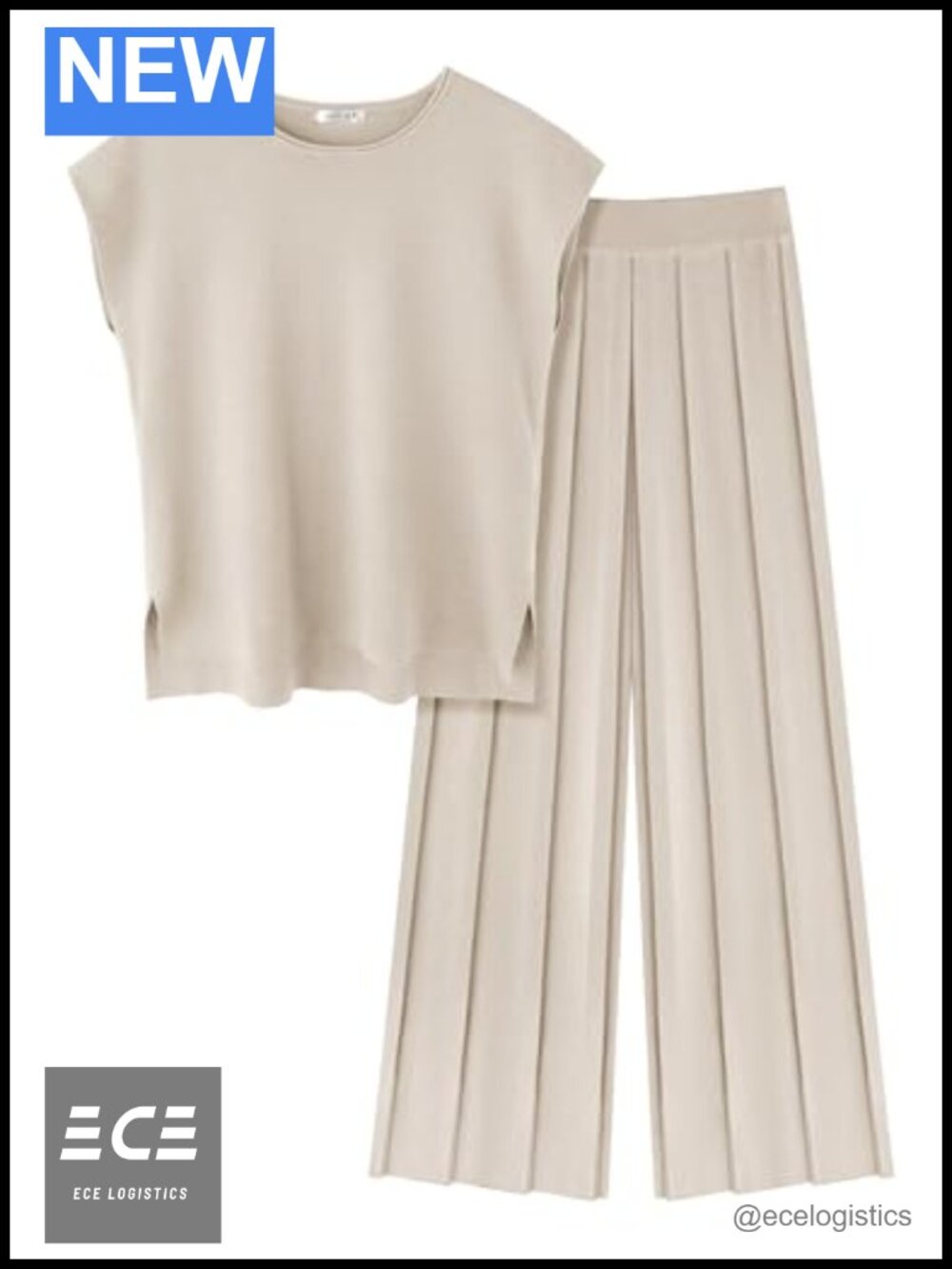 Knit Two Piece Lounge Set Cap Sleeve Top Wide Leg Pleated Pants